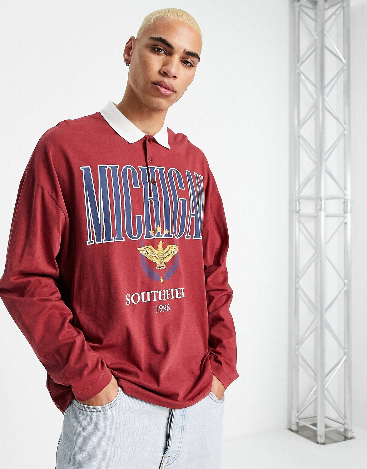 Бордовая футболка-поло oversize с длинными рукавами и принтом Мичиган ASOS DESIGN, Красный
Бордовая футболка-поло oversize с длинными рукавами и принтом Мичиган ASOS DESIGN, Красный