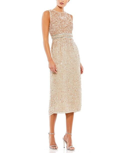 Платье-футляр миди без рукавов с высоким воротником и бисером Mac Duggal, цвет Tan/Beige 
Платье-футляр миди без рукавов с высоким воротником и бисером Mac Duggal, цвет Tan/Beige