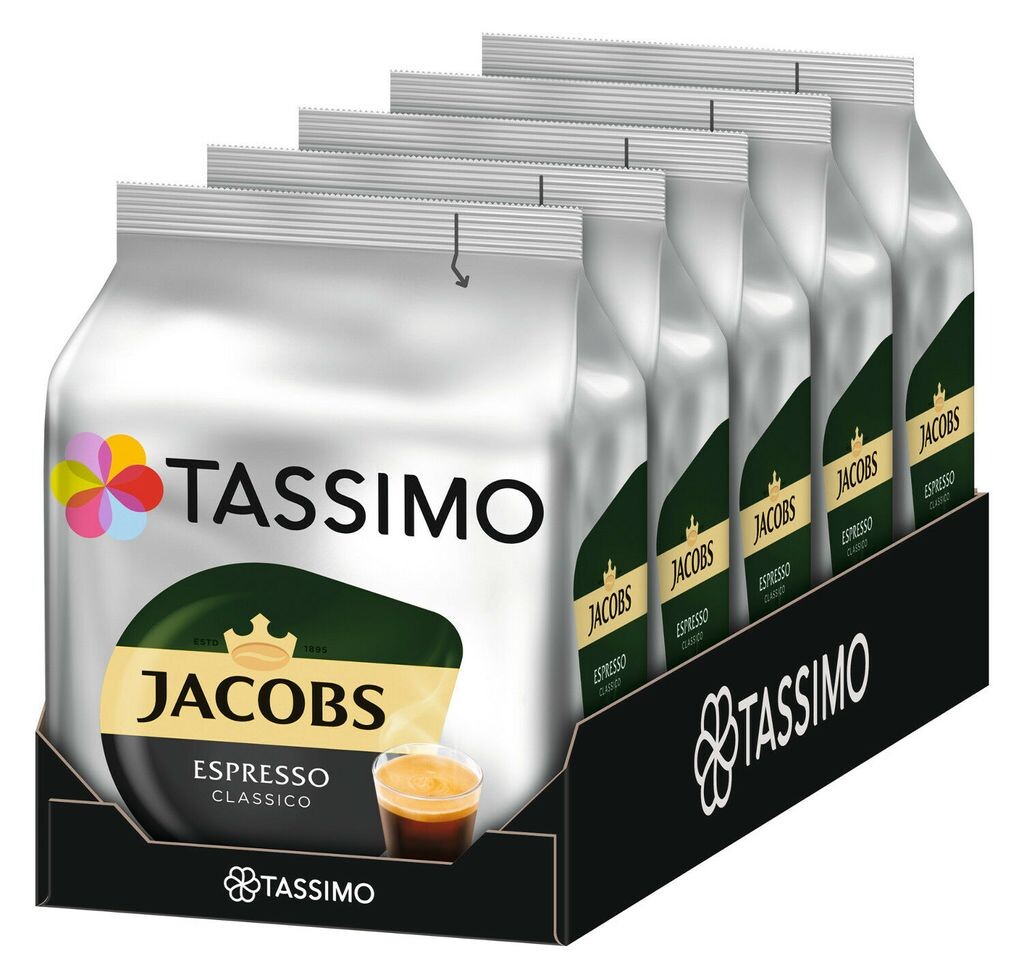 TASSIMO Jacobs Espresso Classico, упаковка из 5 дисков, кофейные капсулы, 5 x 16 напитков
TASSIMO Jacobs Espresso Classico, упаковка из 5 дисков, кофейные капсулы, 5 x 16 напитков