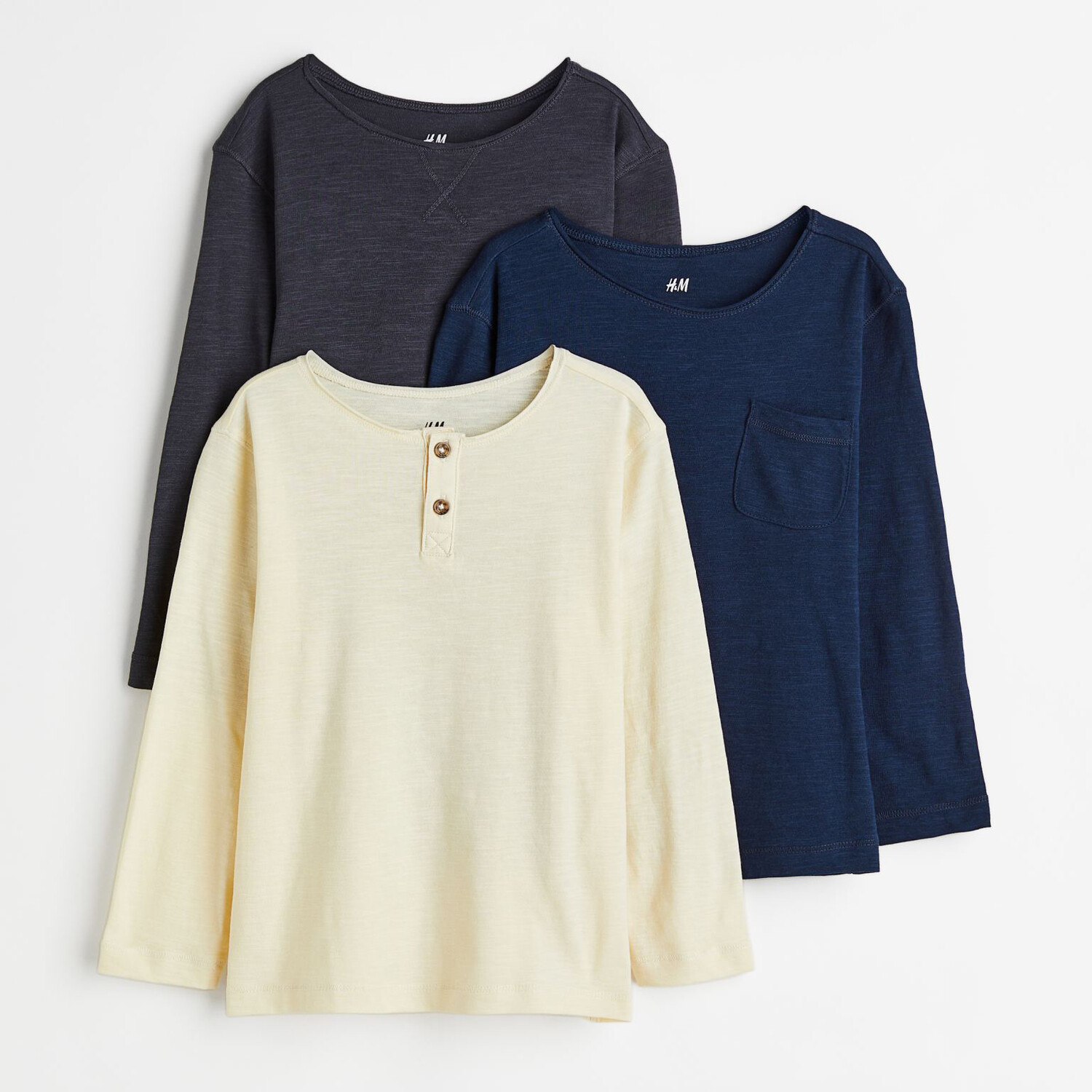 Комплект из 3 трикотажных лонгливов H&M Basics Solid-color, темно-серый/синий/белый
Комплект из 3 трикотажных лонгливов H&M Basics Solid-color, темно-серый/синий/белый