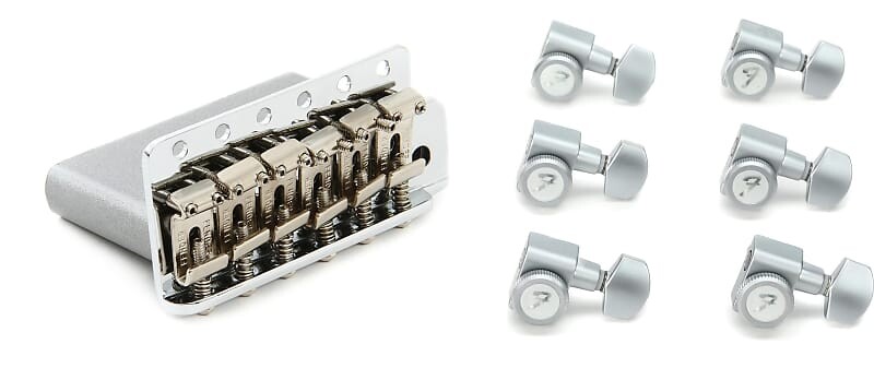 Fender American Vintage Strat Tremolo Bridge Assembly — хромированный комплект с замком Fender Stratocaster/Telecaster Tuning Machines Set — матовый хром 0992049000=1 0990818000=1 
Fender American Vintage Strat Tremolo Bridge Assembly — хромированный комплект с замком Fender Stratocaster/Telecaster Tuning Machines Set — матовый хром 0992049000=1 0990818000=1