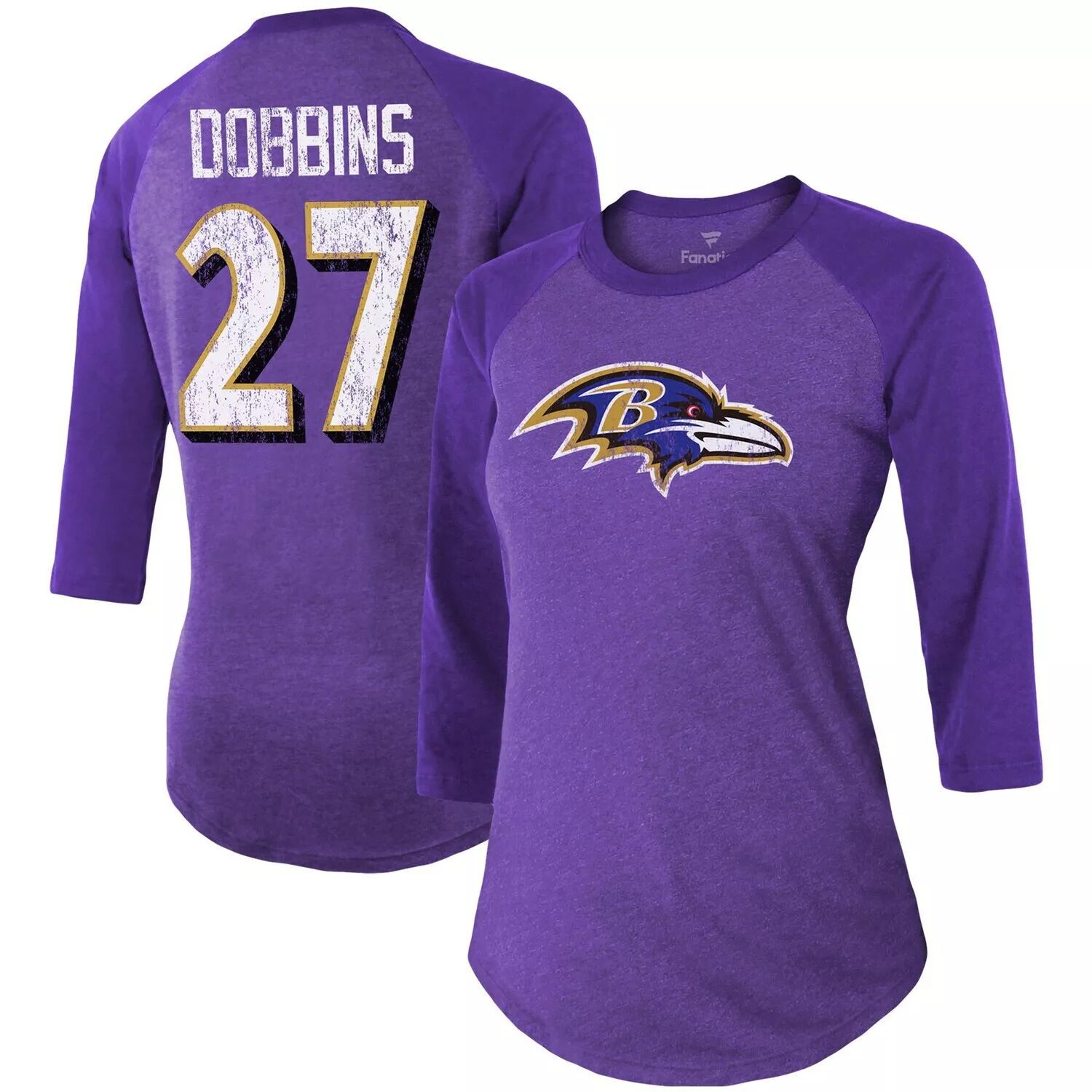 Женские фанатики под брендом J.K. Фиолетовая футболка команды Dobbins Baltimore Ravens с именем и номером игрока трехцветной ткани реглан с рукавами 3/4 Majestic
Женские фанатики под брендом J.K. Фиолетовая футболка команды Dobbins Baltimore Ravens с именем и номером игрока трехцветной ткани реглан с рукавами 3/4 Majestic