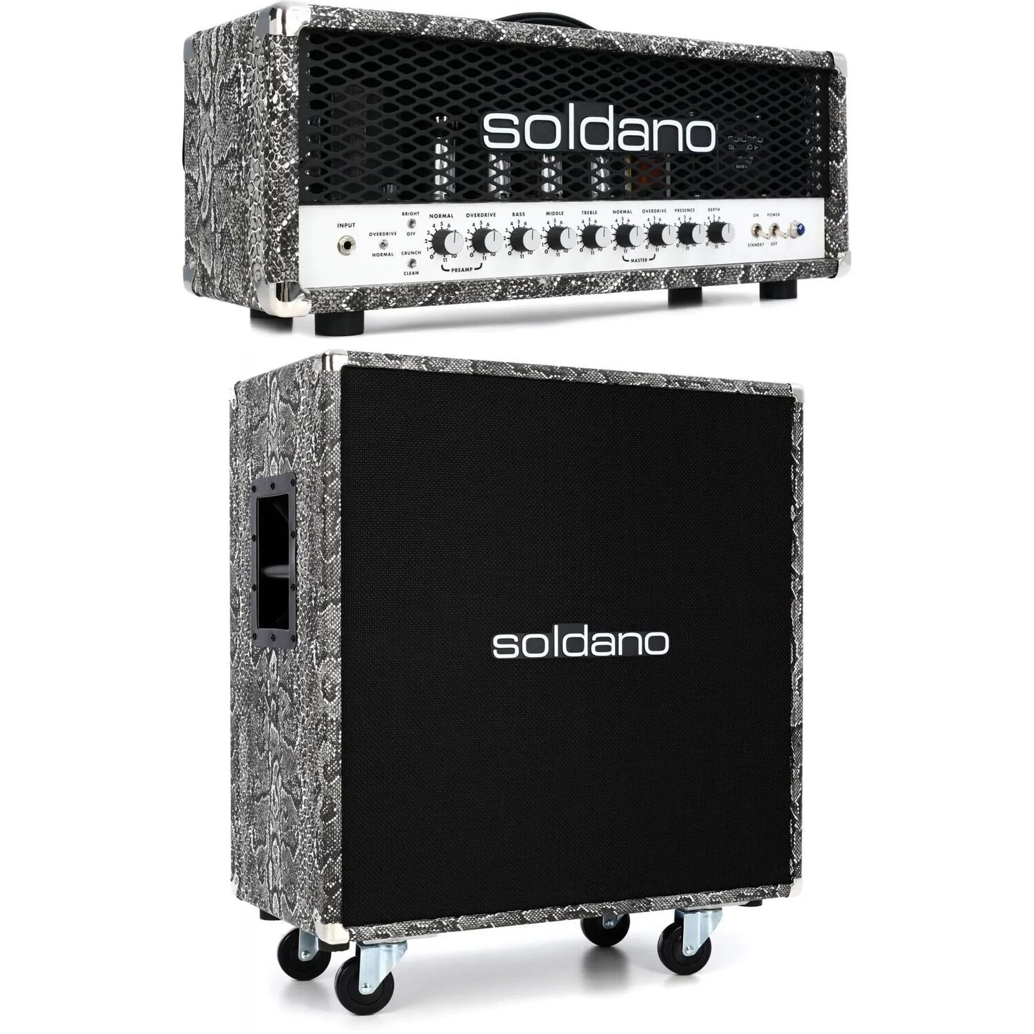 Soldano SLO-100 Super Lead Overdrive, 100-ваттная ламповая головка с корпусом 4x12 мощностью 240 Вт, змеиная кожа
Soldano SLO-100 Super Lead Overdrive, 100-ваттная ламповая головка с корпусом 4x12 мощностью 240 Вт, змеиная кожа