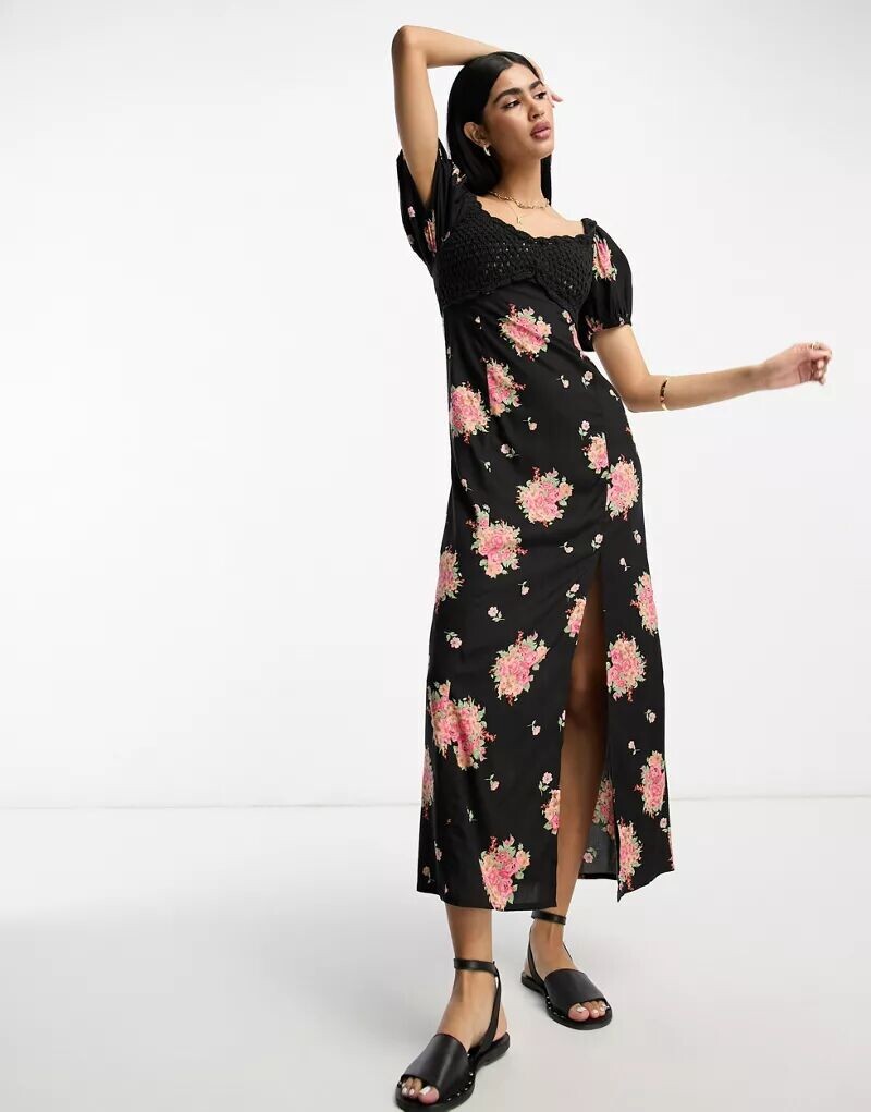 Платье миди темного цвета с цветочным принтом ASOS, вырезом кармен и деталями, связанными крючком
Платье миди темного цвета с цветочным принтом ASOS, вырезом кармен и деталями, связанными крючком