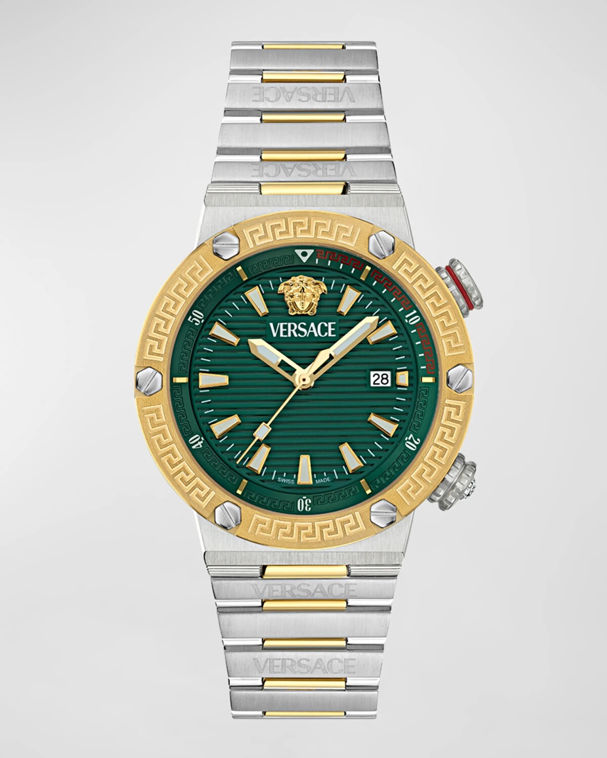 Мужские двухцветные часы-браслет с логотипом Greca, 43 мм Versace, цвет Green Gold Silver
Мужские двухцветные часы-браслет с логотипом Greca, 43 мм Versace, цвет Green Gold Silver
