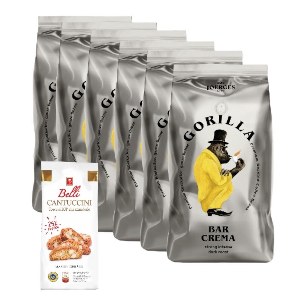 Gorilla Bar Crema 6x 1000г Кофе Эспрессо | Пакет для хранения кофе в зернах + Belli Cantuccini IGP all mandorle 25% миндаль 150г | Подарочный набор для офиса «Сберегательный пакет» Biscottificio Belli
Gorilla Bar Crema 6x 1000г Кофе Эспрессо | Пакет для хранения кофе в зернах + Belli Cantuccini IGP all mandorle 25% миндаль 150г | Подарочный набор для офиса «Сберегательный пакет» Biscottificio Belli