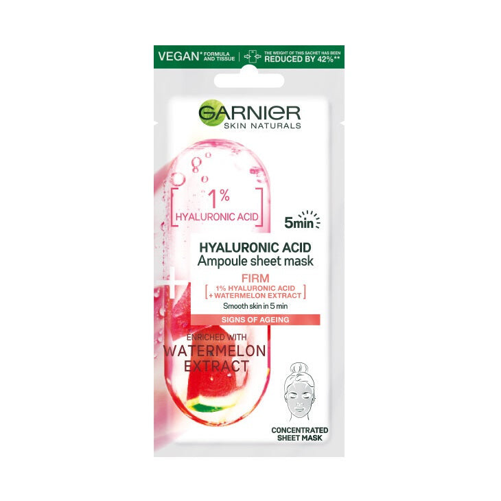 Garnier Hyaluronic Acid Ampoule Sheet Mask укрепляющая ампула в тканевой маске с гиалуроновой кислотой и экстрактом арбуза 15г
Garnier Hyaluronic Acid Ampoule Sheet Mask укрепляющая ампула в тканевой маске с гиалуроновой кислотой и экстрактом арбуза 15г