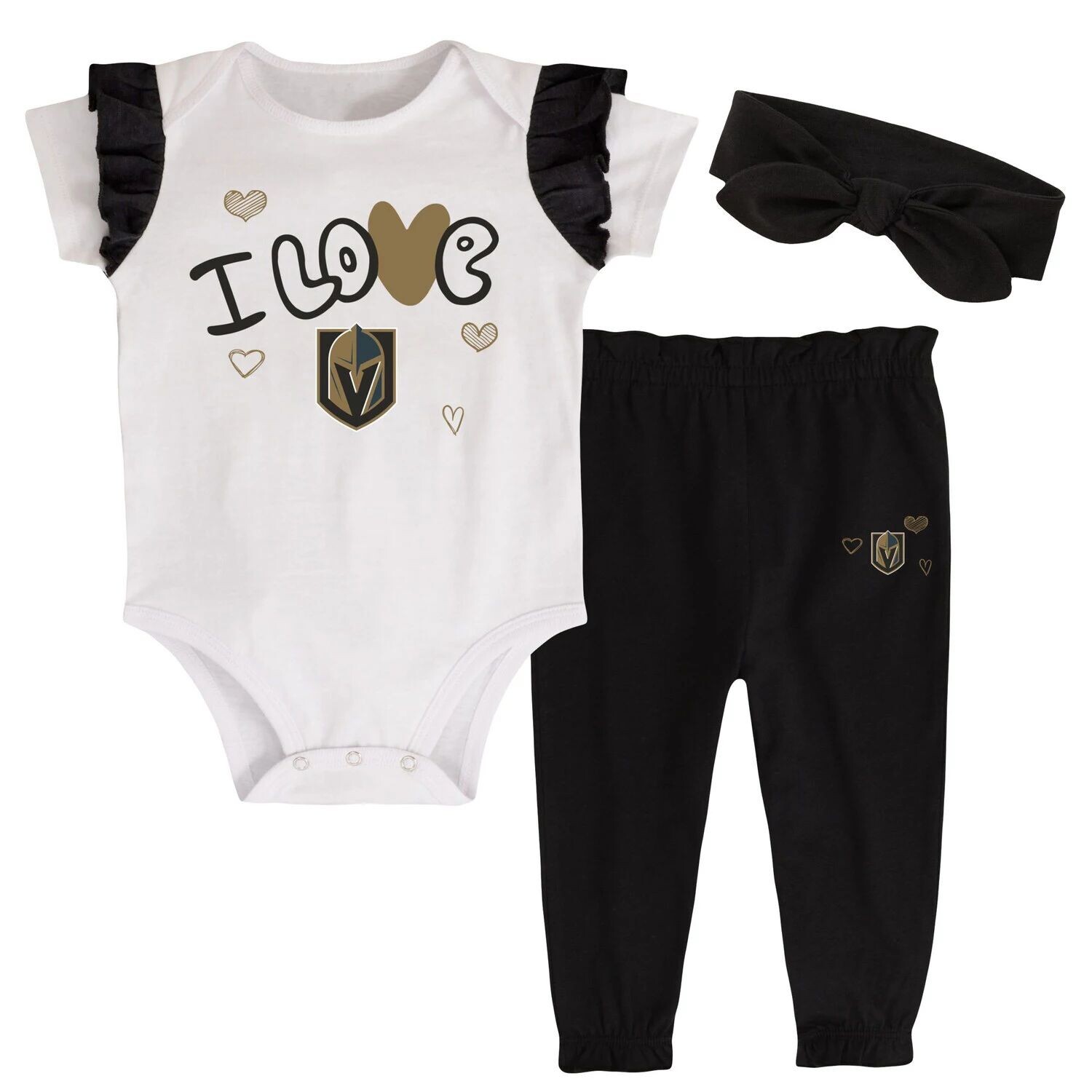 Белое/черное боди для девочек Vegas Golden Knights I Love Hockey, комплект со штанами и повязкой на голову Outerstuff
Белое/черное боди для девочек Vegas Golden Knights I Love Hockey, комплект со штанами и повязкой на голову Outerstuff