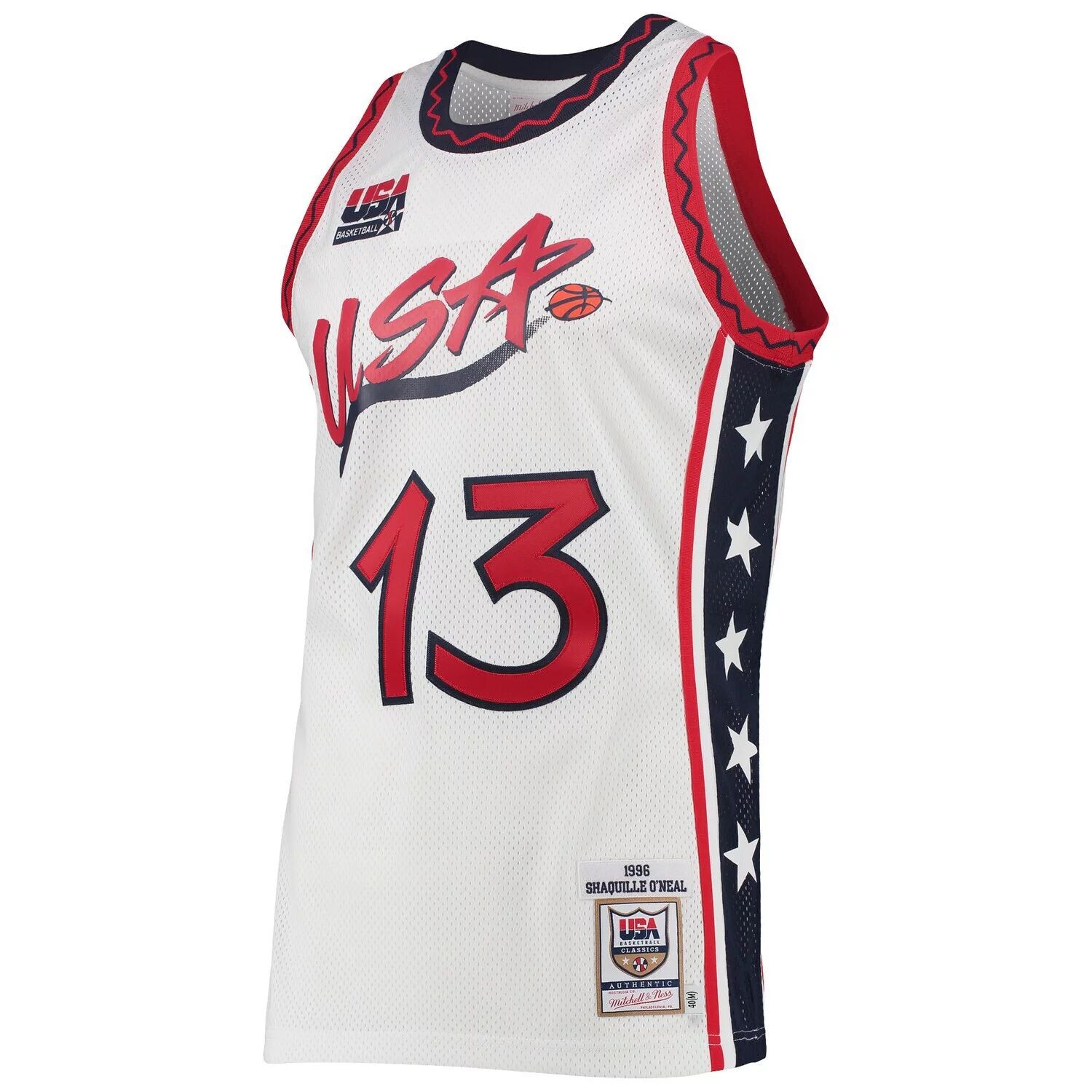 Мужская белая мужская футболка Mitchell & Ness Shaquille O'Neal USA Basketball 1996 Hardwood Classics Authentic Jersey, Белый
Мужская белая мужская футболка Mitchell & Ness Shaquille O'Neal USA Basketball 1996 Hardwood Classics Authentic Jersey, Белый