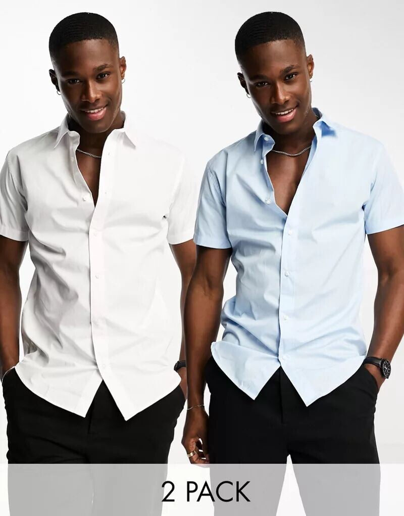 Комплект из двух элегантных рубашек узкого кроя с короткими рукавами Jack & Jones белого и синего цвета
Комплект из двух элегантных рубашек узкого кроя с короткими рукавами Jack & Jones белого и синего цвета