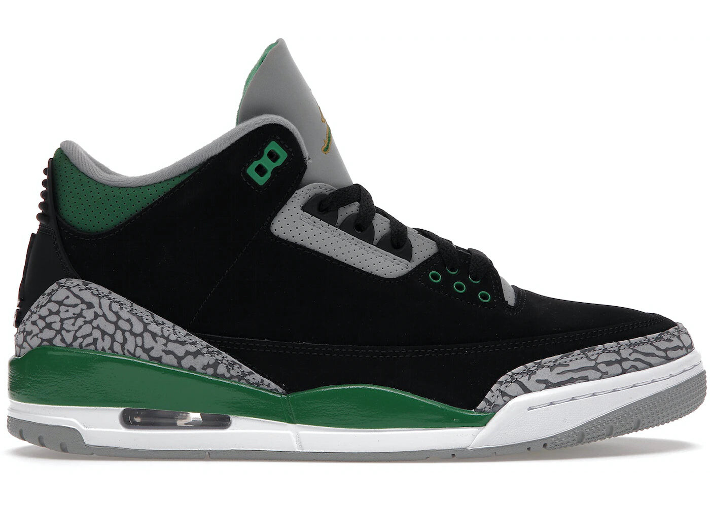 Кроссовки Nike Air Jordan 3 Retro, черный / серебристый / белый / сосново-зеленый
Кроссовки Nike Air Jordan 3 Retro, черный / серебристый / белый / сосново-зеленый