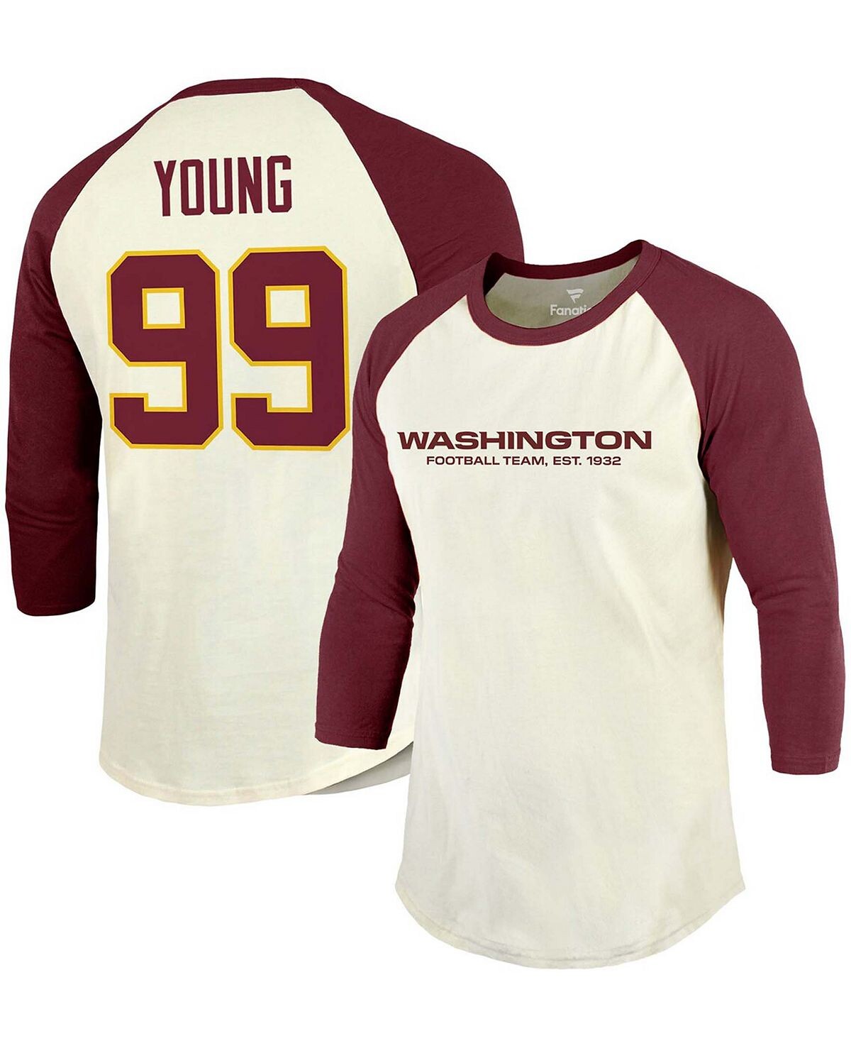 Мужская футболка chase young cream, бордовый, футболка washington football team в винтажном стиле с именем игрока, номером, регланом, рукавом 3/4 Fanatics, мульти
Мужская футболка chase young cream, бордовый, футболка washington football team в винтажном стиле с именем игрока, номером, регланом, рукавом 3/4 Fanatics, мульти