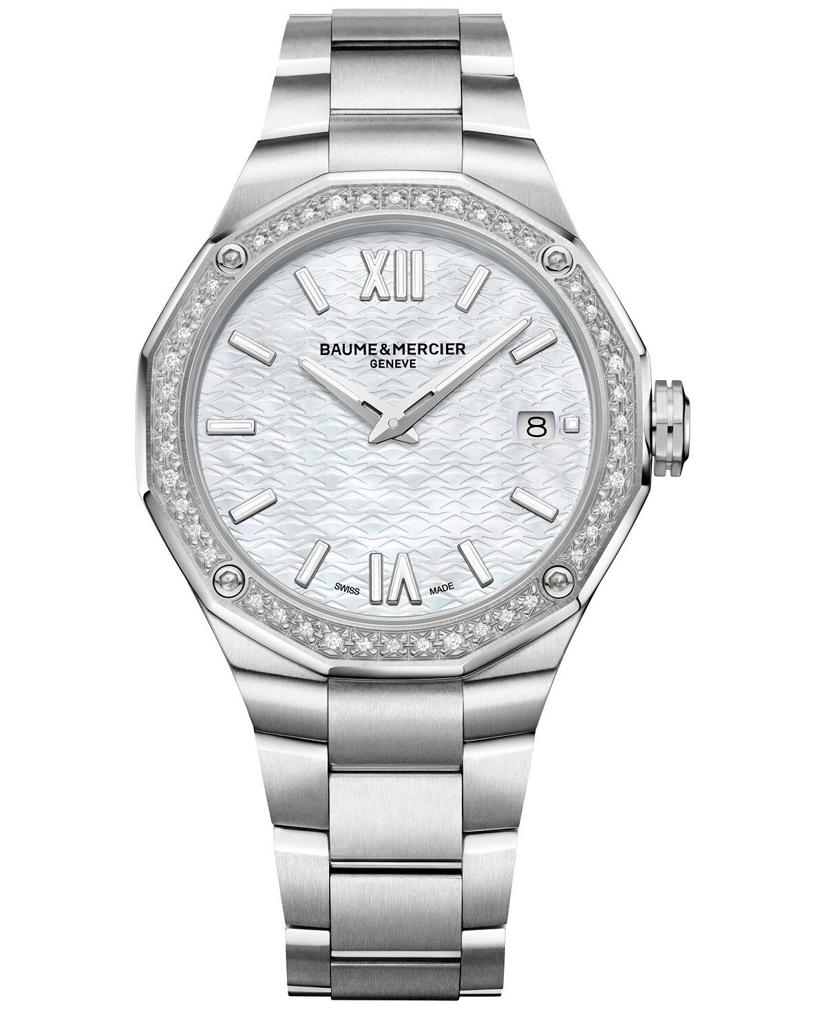 Женские часы Swiss Riviera Diamond (1/5 карата) из нержавеющей стали с браслетом из нержавеющей стали, 36 мм Baume & Mercier, серебро
Женские часы Swiss Riviera Diamond (1/5 карата) из нержавеющей стали с браслетом из нержавеющей стали, 36 мм Baume & Mercier, серебро