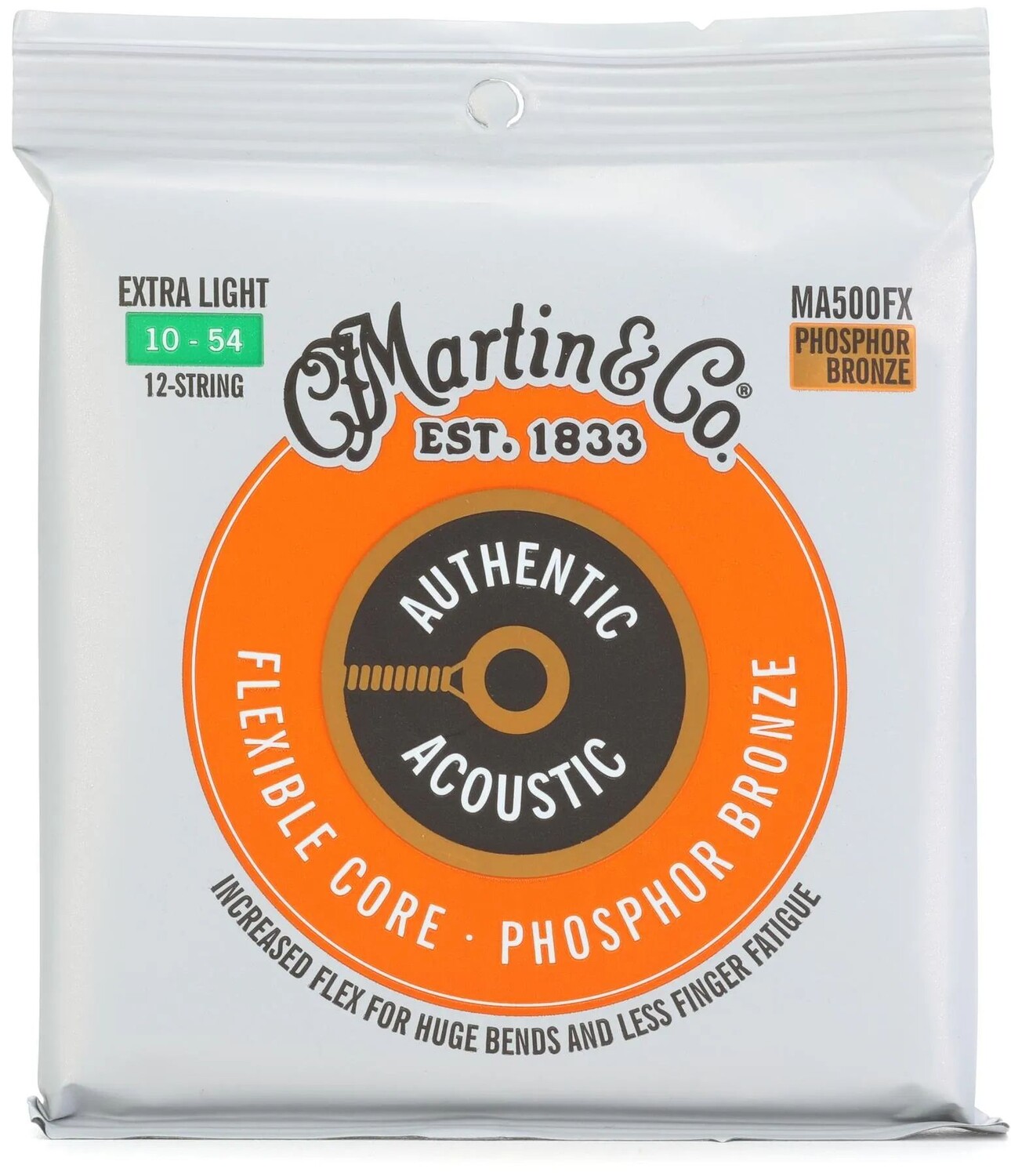 Струны для акустической гитары Martin MA500FX Authentic Flexible Core 92/8 из фосфористой бронзы — .010-.054 Extra Light, 12-струнная
Струны для акустической гитары Martin MA500FX Authentic Flexible Core 92/8 из фосфористой бронзы — .010-.054 Extra Light, 12-струнная