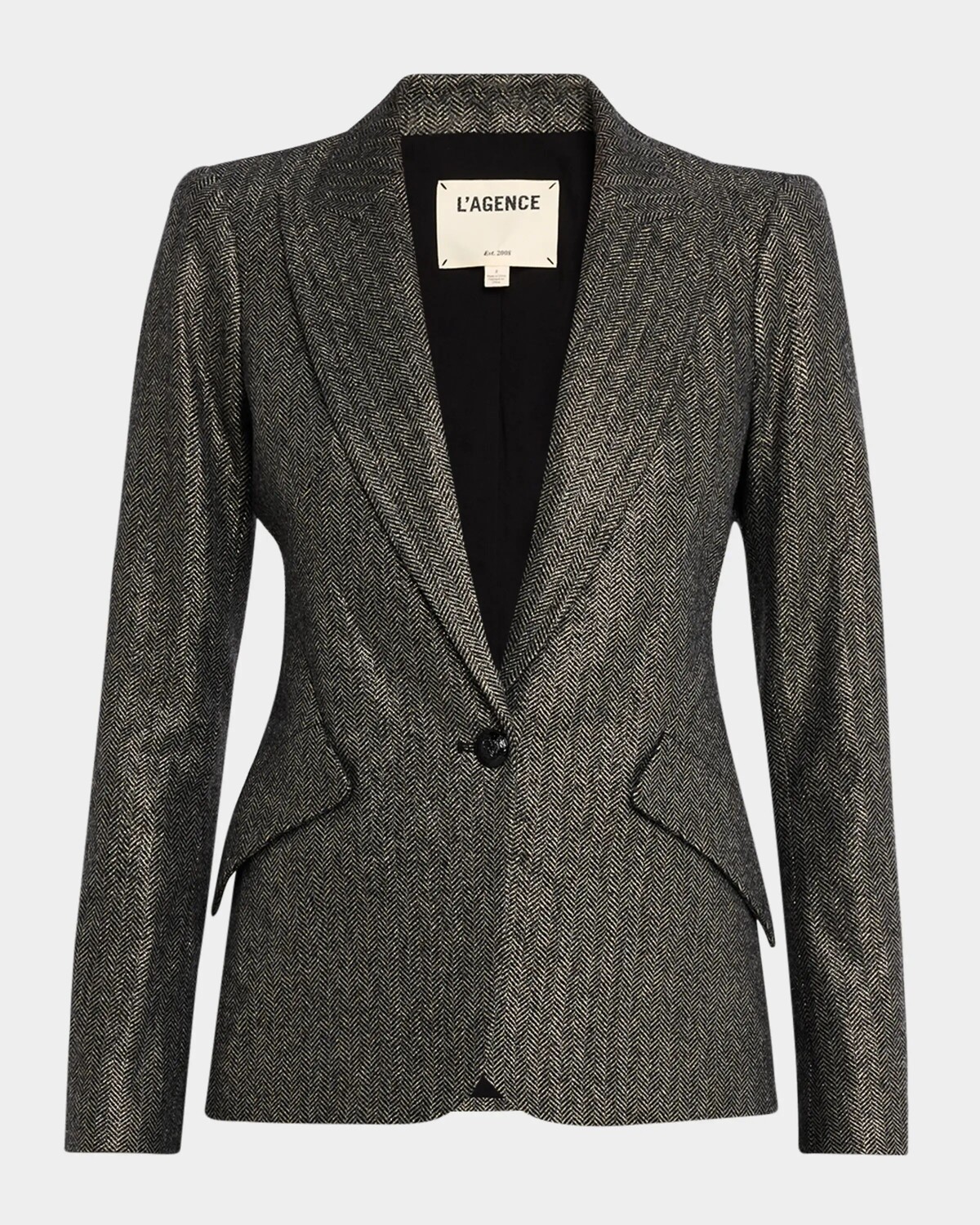 Однобортный пиджак с узором «елочка» цвета металлик Chamberlain L'Agence, цвет Greygold Lurex
Однобортный пиджак с узором «елочка» цвета металлик Chamberlain L'Agence, цвет Greygold Lurex