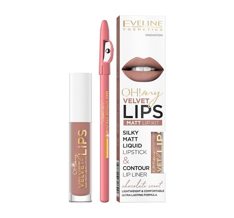 Eveline Cosmetics ой! My Velvet Lips Liquid Matt Lip Kit Набор матовой жидкой губной помады 4,5 мл + карандаш для губ 1 шт. 11 Cookie Milkshake
Eveline Cosmetics ой! My Velvet Lips Liquid Matt Lip Kit Набор матовой жидкой губной помады 4,5 мл + карандаш для губ 1 шт. 11 Cookie Milkshake