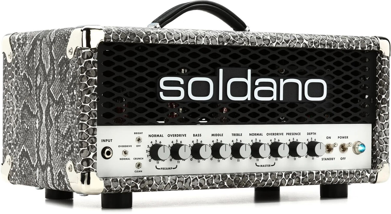 Soldano SLO-30 Super Lead Overdrive 30-ваттная ламповая головка — змеиная кожа с металлической решеткой
Soldano SLO-30 Super Lead Overdrive 30-ваттная ламповая головка — змеиная кожа с металлической решеткой