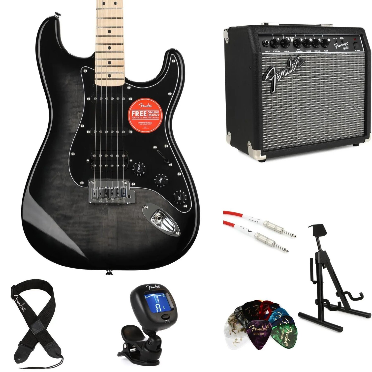 Электрогитара Stratocaster серии Squier Affinity и комплект усилителей Fender Frontman 20G — Black Burst с кленовой накладкой грифа
Электрогитара Stratocaster серии Squier Affinity и комплект усилителей Fender Frontman 20G — Black Burst с кленовой накладкой грифа