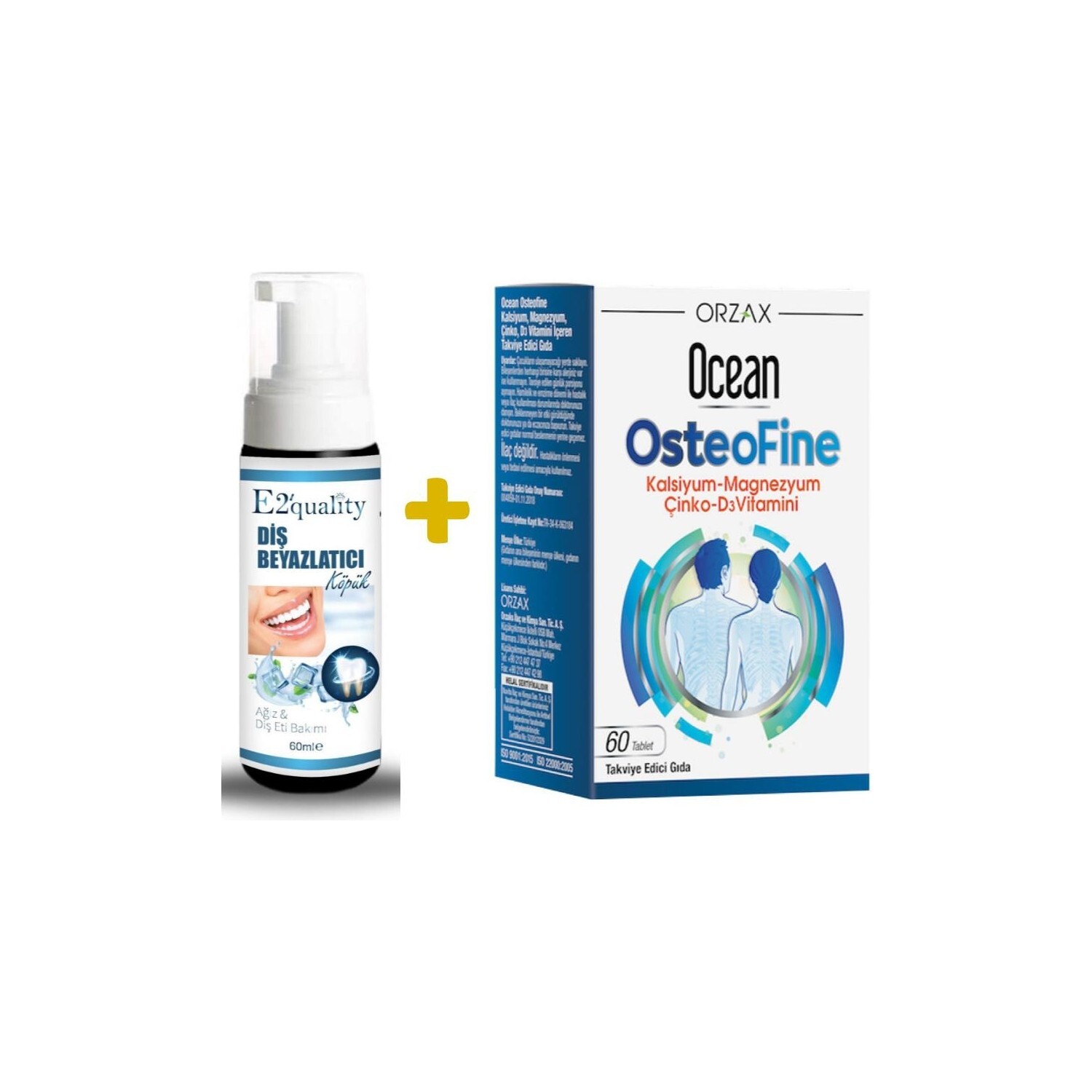 Orzax E2'Quality Teeth Whitening Foam + Orzax Ocean Osteofine Supplementary Food 60 Tablet
Orzax E2'Quality Teeth Whitening Foam + Orzax Ocean Osteofine Supplementary Food 60 Tablet