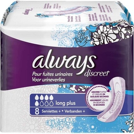 Салфетки Always Discreet Long Plus от слабости мочевого пузыря и недержания, 8 шт.
Салфетки Always Discreet Long Plus от слабости мочевого пузыря и недержания, 8 шт.