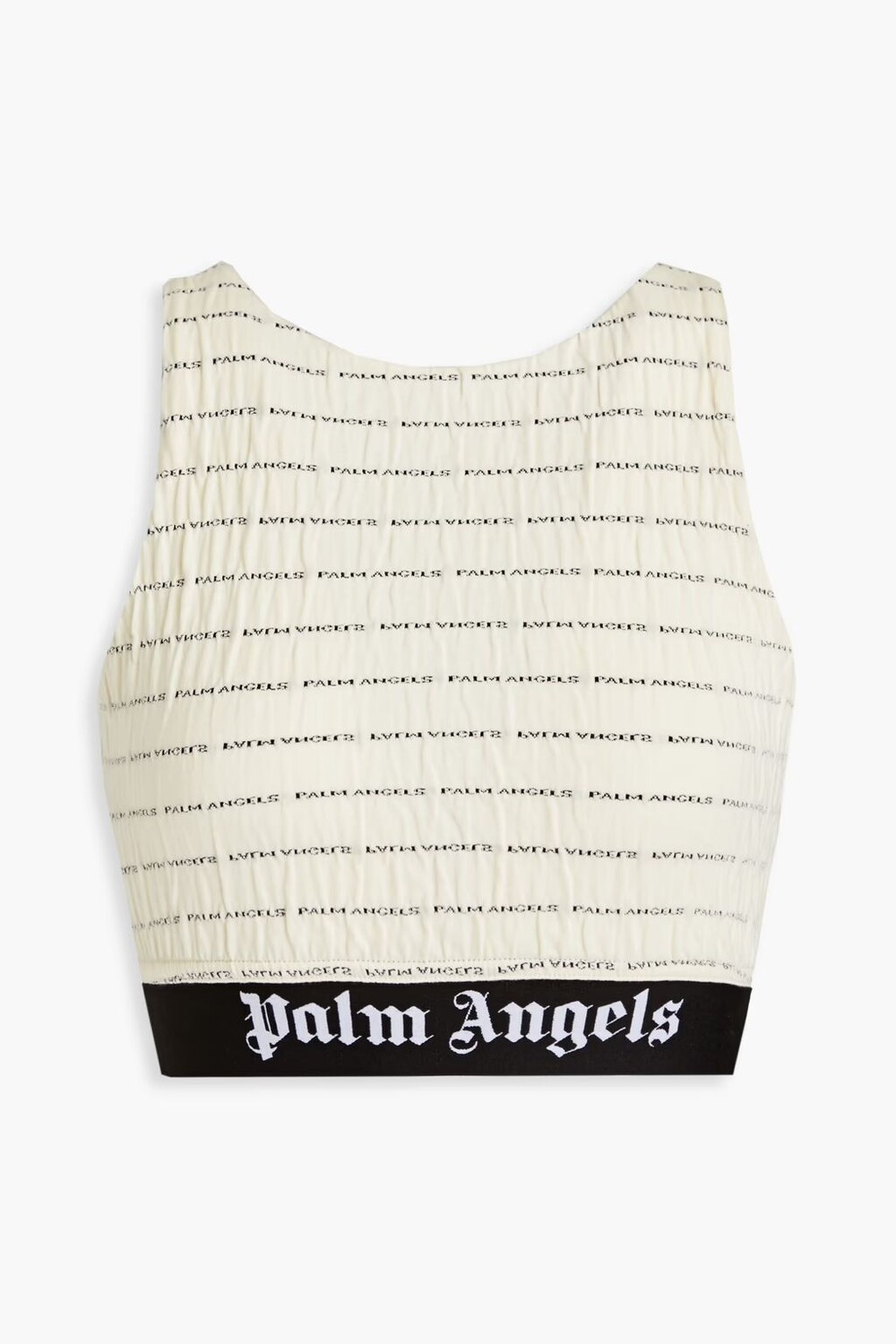 Укороченная футболка из хлопкового джерси с принтом и сборками Palm Angels, крем
Укороченная футболка из хлопкового джерси с принтом и сборками Palm Angels, крем