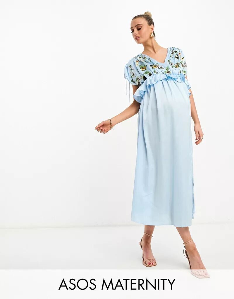 Бледно-голубое атласное платье миди с вышивкой и оборками на талии ASOS DESIGN Maternity
Бледно-голубое атласное платье миди с вышивкой и оборками на талии ASOS DESIGN Maternity