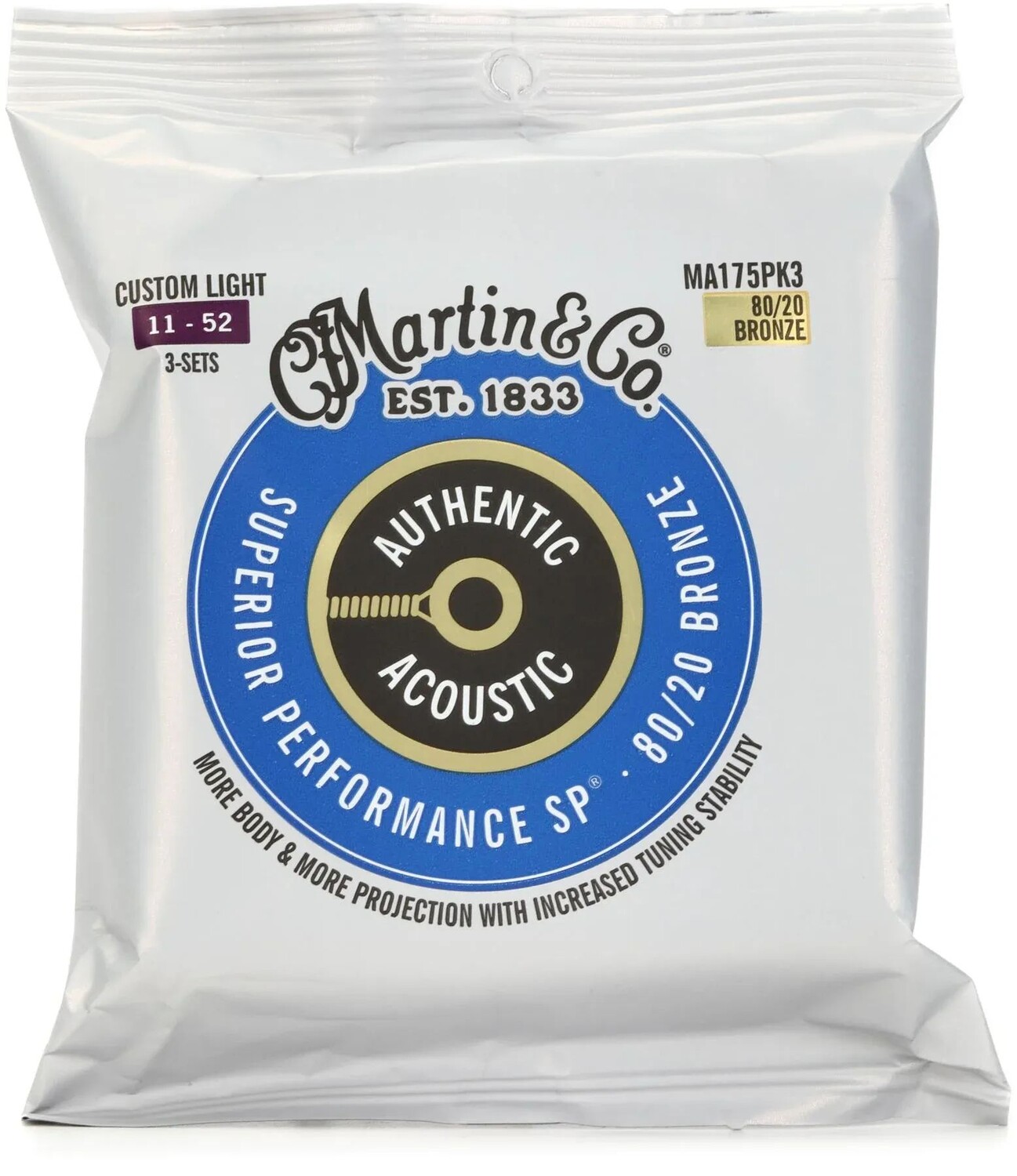 Струны Martin Authentic Superior Performance для акустической гитары — 80/20 Bronze Custom Light (3 шт.)
Струны Martin Authentic Superior Performance для акустической гитары — 80/20 Bronze Custom Light (3 шт.)
