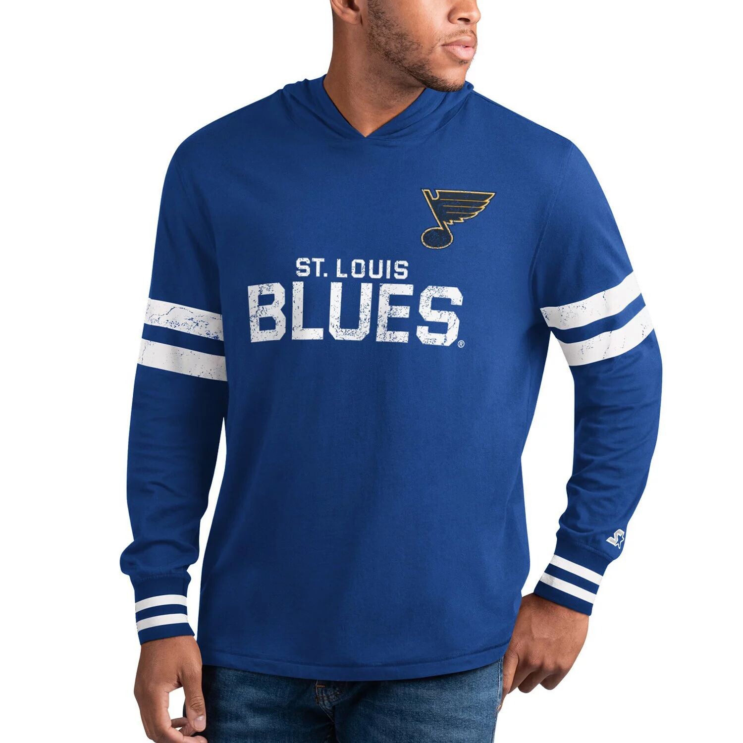 Мужская базовая синяя/белая футболка с длинным рукавом и худи St. Louis Blues Offense Starter
Мужская базовая синяя/белая футболка с длинным рукавом и худи St. Louis Blues Offense Starter