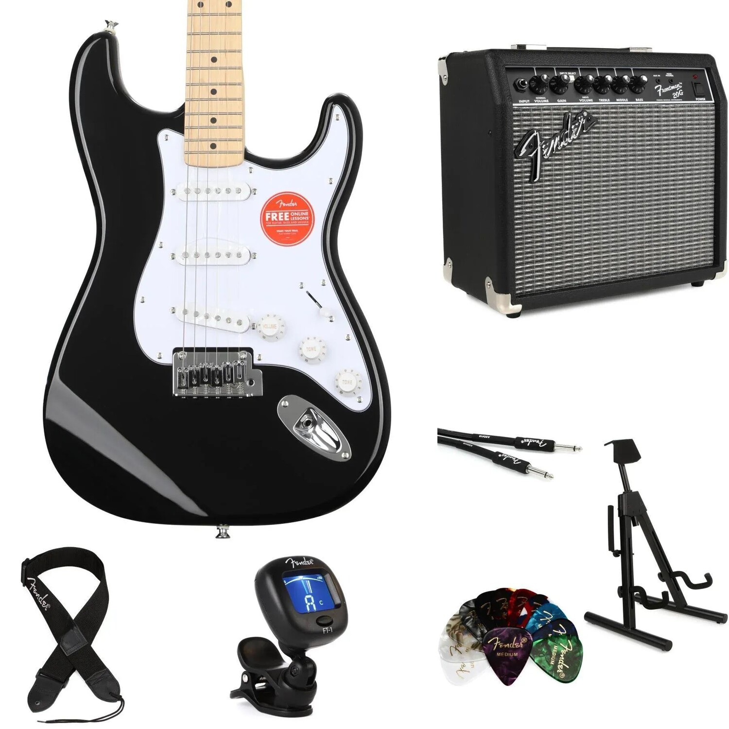 Электрогитара Stratocaster серии Squier Affinity и комплект усилителей Fender Frontman 20G Essentials — черный с кленовой накладкой грифа
Электрогитара Stratocaster серии Squier Affinity и комплект усилителей Fender Frontman 20G Essentials — черный с кленовой накладкой грифа