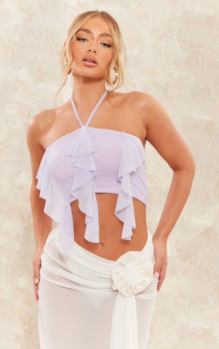 PrettyLittleThing Сиреневый сетчатый укороченный топ с воротником халтер и оборками
PrettyLittleThing Сиреневый сетчатый укороченный топ с воротником халтер и оборками