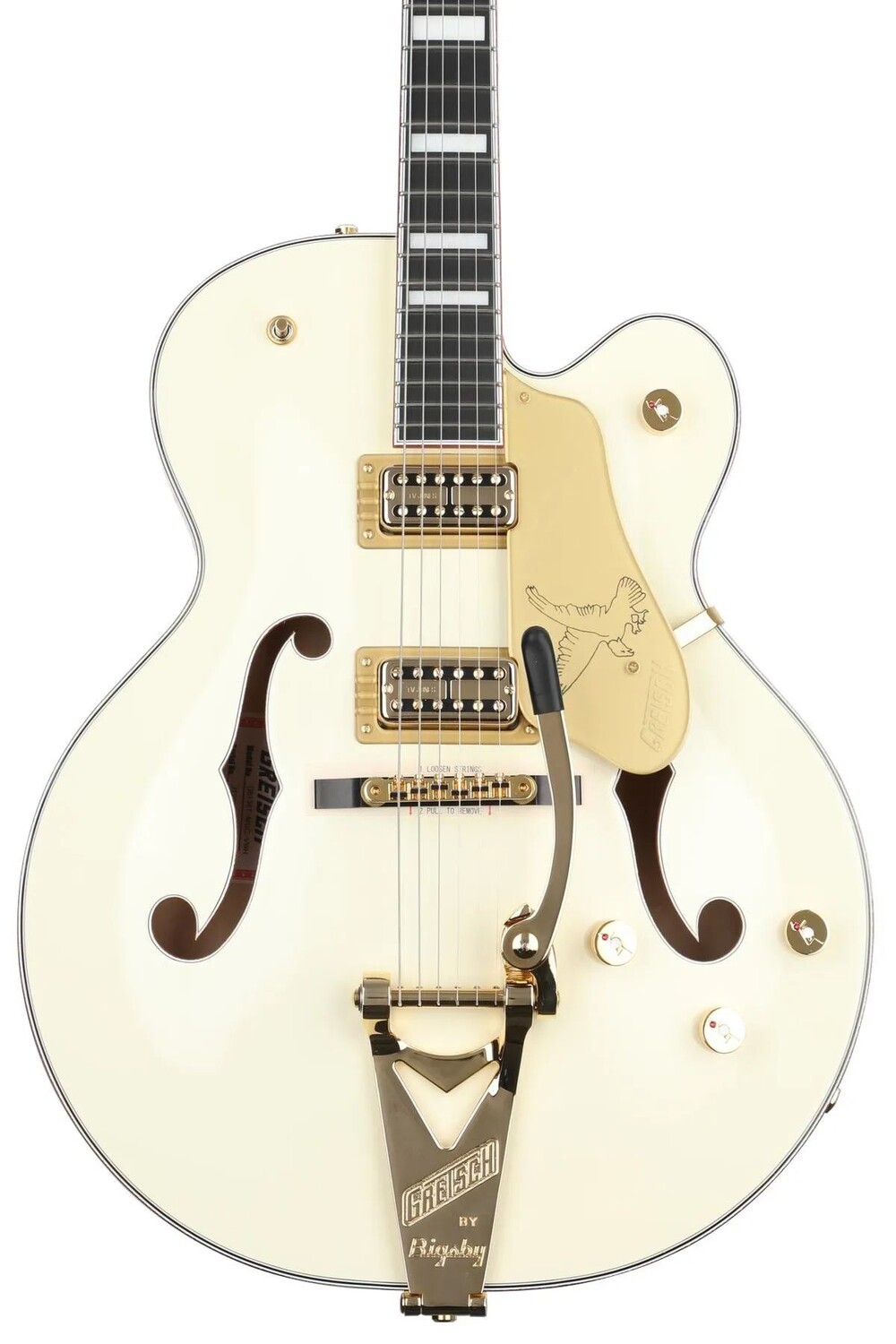 Gretsch G6136T-MGC Michael Guy Chislett Signature Falcon with Bigsby Электрогитара — винтажный белый цвет с накладкой из черного дерева
Gretsch G6136T-MGC Michael Guy Chislett Signature Falcon with Bigsby Электрогитара — винтажный белый цвет с накладкой из черного дерева