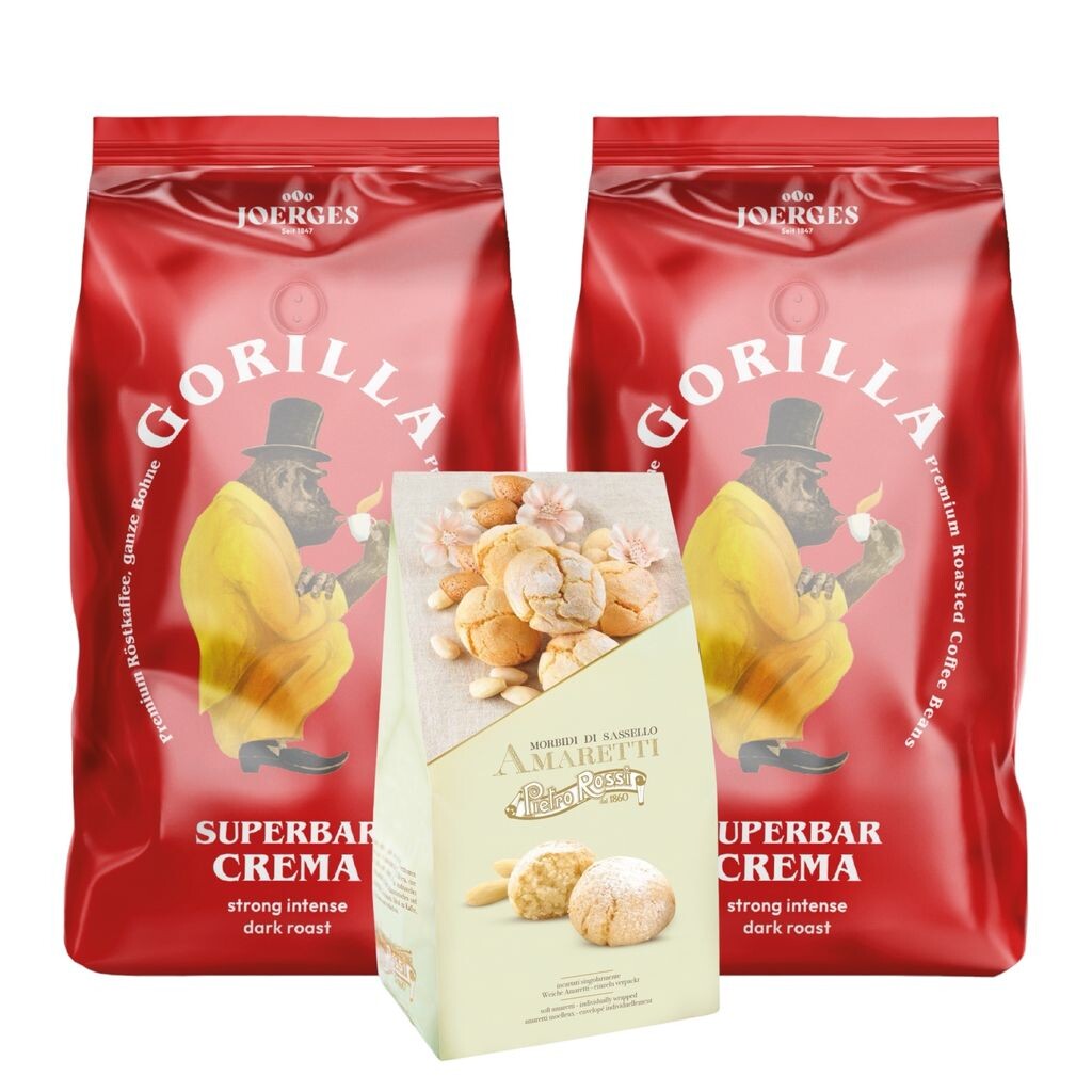 Joerges Gorilla Super Bar Crema 2x 1000г Кофе + Pietro Rossi Soft Amaretti 150г | Образец набора офисный набор набор для эспрессо кофе в зернах кондитерский набор Amaretti Virgina S.R.L.
Joerges Gorilla Super Bar Crema 2x 1000г Кофе + Pietro Rossi Soft Amaretti 150г | Образец набора офисный набор набор для эспрессо кофе в зернах кондитерский набор Amaretti Virgina S.R.L.