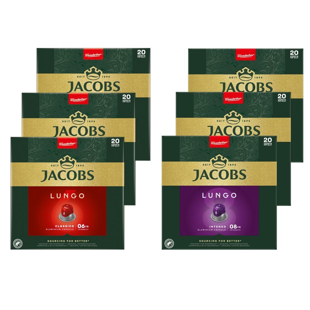 Капсулы JACOBS, совместимые с Nespresso*, 3x20 Lungo 6 Classico + 3x20 Lungo 8 Intenso - всего 120 напитков
Капсулы JACOBS, совместимые с Nespresso*, 3x20 Lungo 6 Classico + 3x20 Lungo 8 Intenso - всего 120 напитков