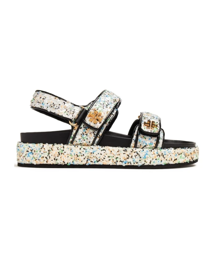 Босоножки из сетчатой ткани с пайетками и двойной буквой Т Tory Burch, мультиколор 
Босоножки из сетчатой ткани с пайетками и двойной буквой Т Tory Burch, мультиколор