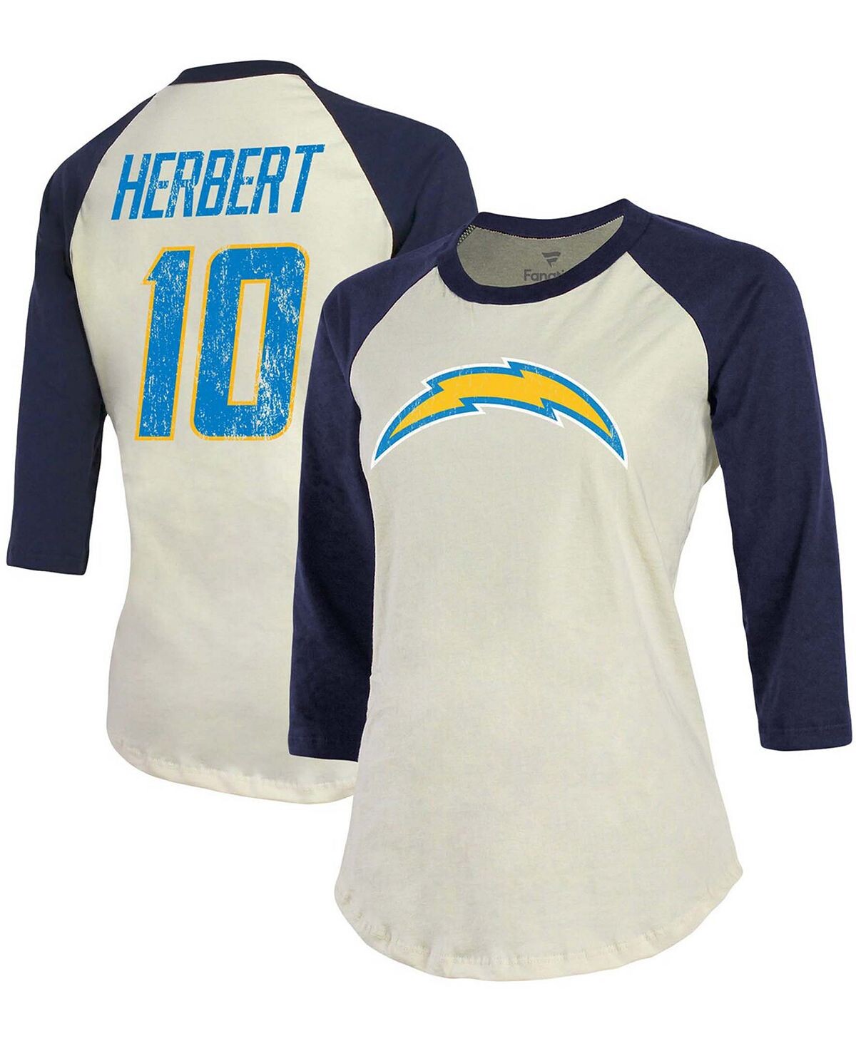Женская футболка Justin Herbert кремово-синего цвета с рукавом 3/4 Los Angeles Chargers Player реглан, имя, номер Fanatics
Женская футболка Justin Herbert кремово-синего цвета с рукавом 3/4 Los Angeles Chargers Player реглан, имя, номер Fanatics