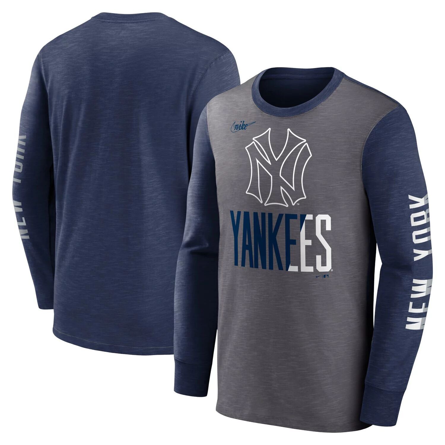 Мужская темно-синяя/серая футболка с длинным рукавом New York Yankees Cooperstown Collection Rewind Splitter Slub Nike
Мужская темно-синяя/серая футболка с длинным рукавом New York Yankees Cooperstown Collection Rewind Splitter Slub Nike
