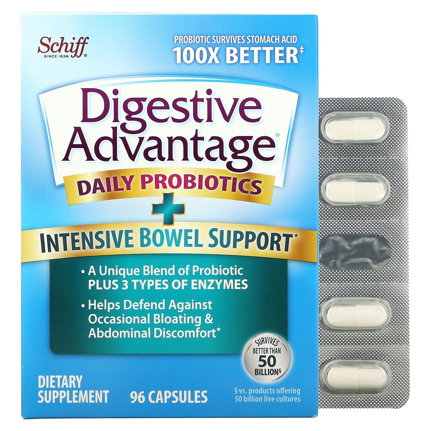 Digestive Advantage, пробиотик для ежедневного применения, интенсивная поддержка функции кишечника, 96 капсул, Schiff
Digestive Advantage, пробиотик для ежедневного применения, интенсивная поддержка функции кишечника, 96 капсул, Schiff