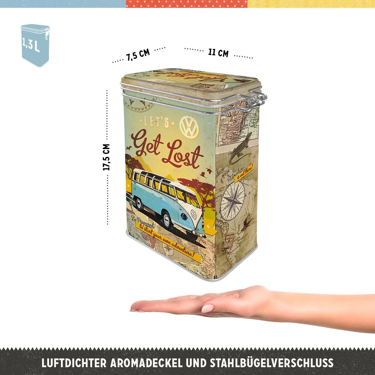 Ретро-кофейная банка Nostalgic-Art, 1,3 л, "VW Bulli – Давайте заблудимся", идея для подарка Volkswagen Bus, жестяная банка с ароматной крышкой, винтажный дизайн
Ретро-кофейная банка Nostalgic-Art, 1,3 л, "VW Bulli – Давайте заблудимся", идея для подарка Volkswagen Bus, жестяная банка с ароматной крышкой, винтажный дизайн