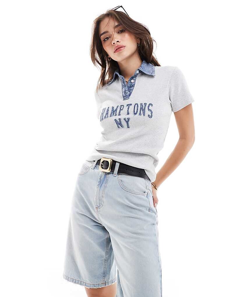 ASOS DESIGN 2013 Короткая футболка в стиле регби серого меланхоличного цвета с джинсовой аппликацией с надписью Hamptons=
ASOS DESIGN 2013 Короткая футболка в стиле регби серого меланхоличного цвета с джинсовой аппликацией с надписью Hamptons=