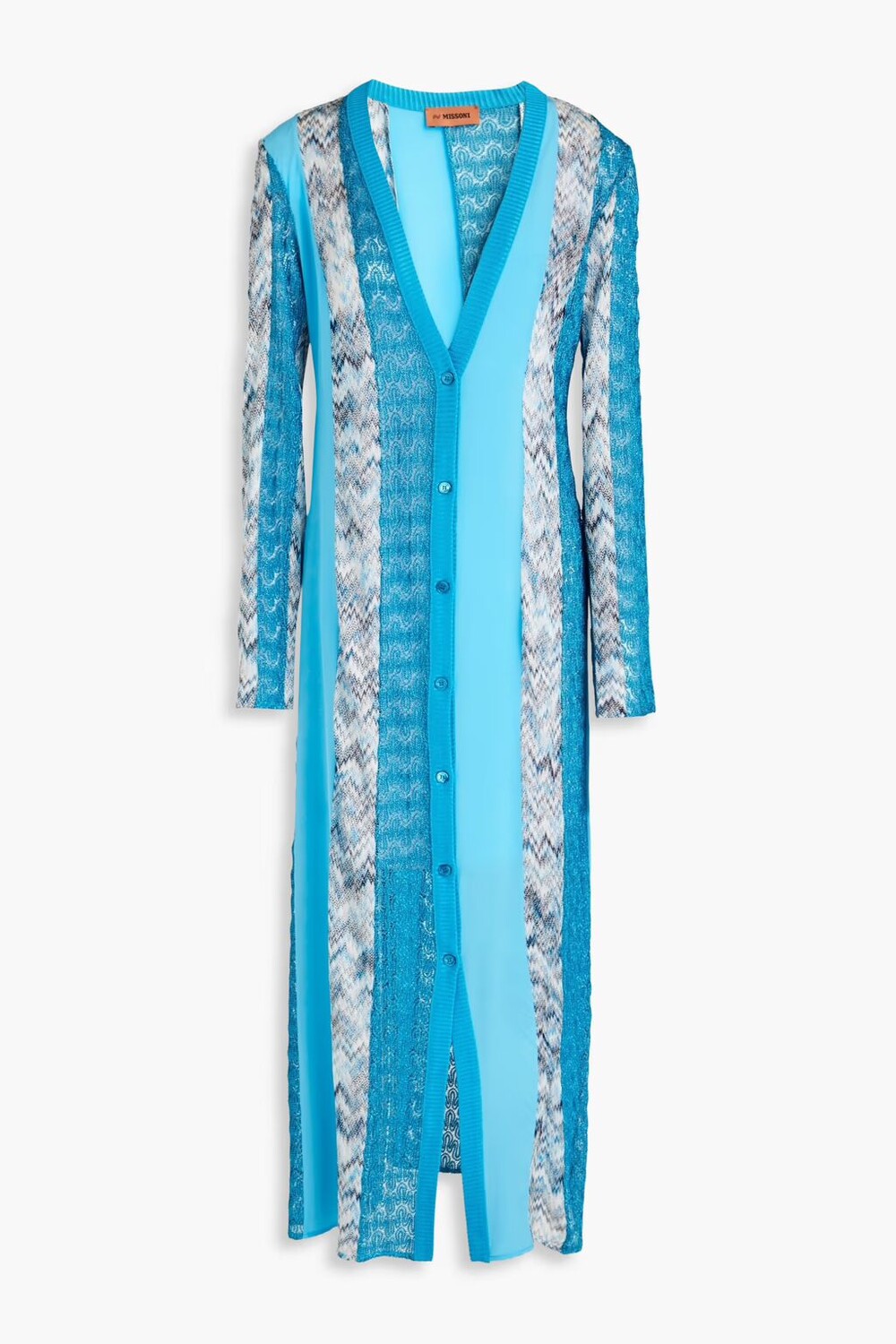 Вязаный кардиган из крепдешина металлизированного цвета со вставками Missoni, бирюзовый
Вязаный кардиган из крепдешина металлизированного цвета со вставками Missoni, бирюзовый