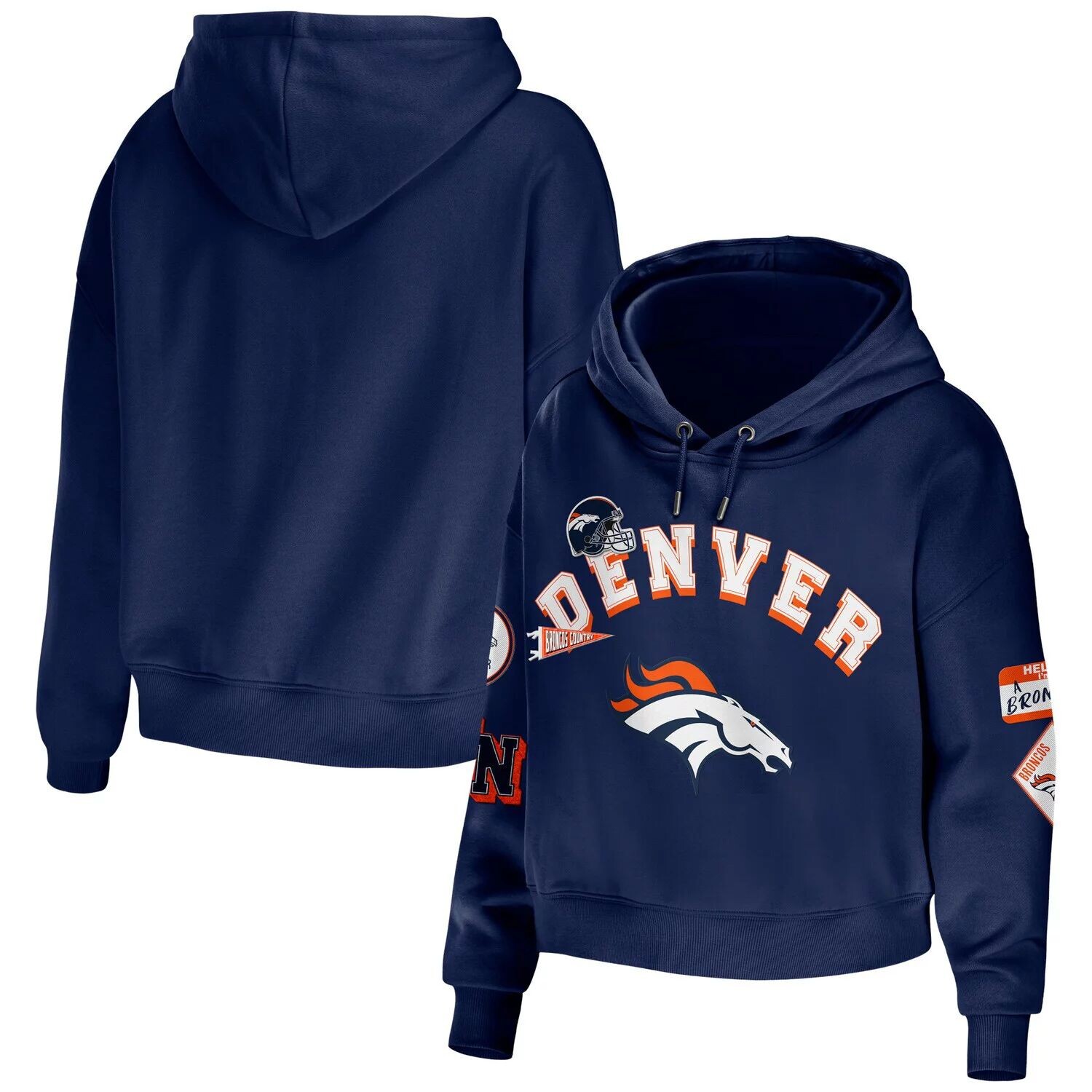 Женская WEAR by Erin Andrews Темно-синий укороченный пуловер больших размеров Denver Broncos с капюшоном
Женская WEAR by Erin Andrews Темно-синий укороченный пуловер больших размеров Denver Broncos с капюшоном