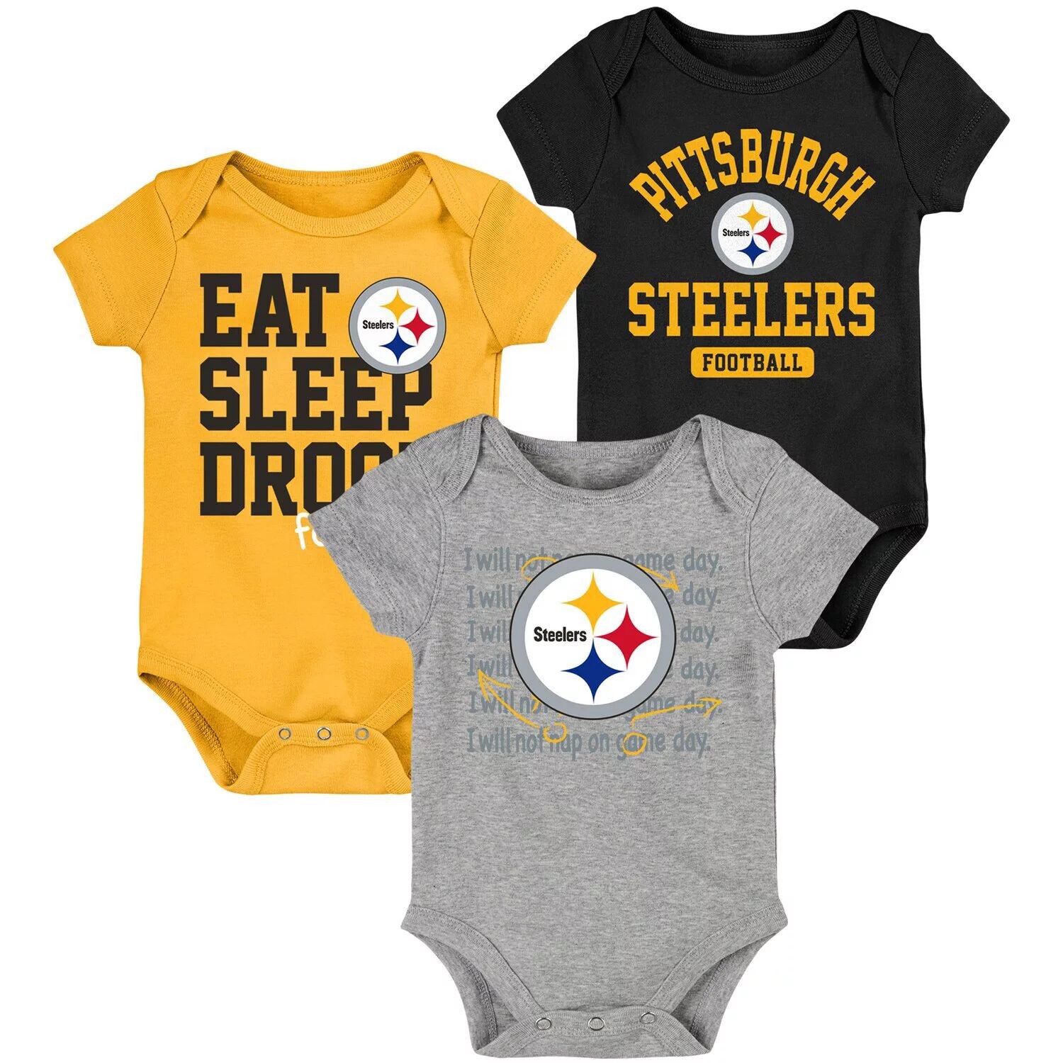 Черный/золотой комплект боди для новорожденных и младенцев Pittsburgh Steelers Eat Sleep Drool Football, комплект из трех предметов Outerstuff
Черный/золотой комплект боди для новорожденных и младенцев Pittsburgh Steelers Eat Sleep Drool Football, комплект из трех предметов Outerstuff