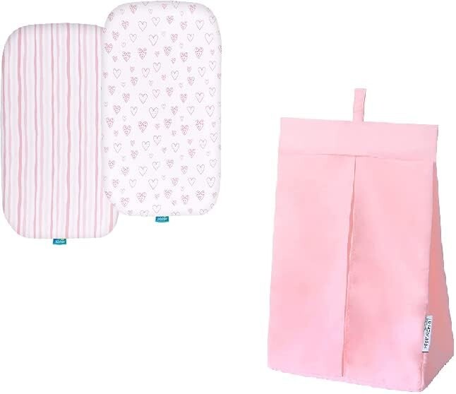 Органайзер для подгузников, подвешиваемый рядом с пеленальным столиком, манежем или стеной для хранения подгузников, розовый/простыни для люльки, 2 шт., 100 % трикотажный хлопок, розовый Biloban, Pink