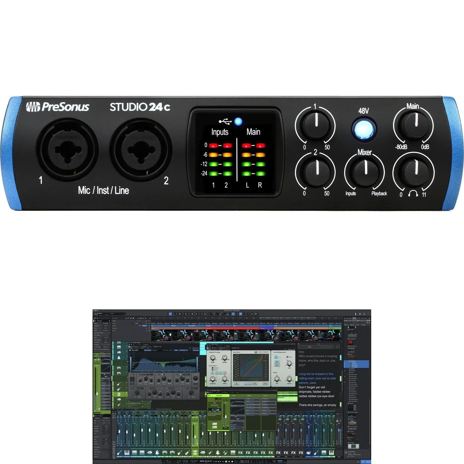 Аудиоинтерфейс PreSonus Studio 24c USB-C и пакет обновлений Studio One 6 Professional
Аудиоинтерфейс PreSonus Studio 24c USB-C и пакет обновлений Studio One 6 Professional