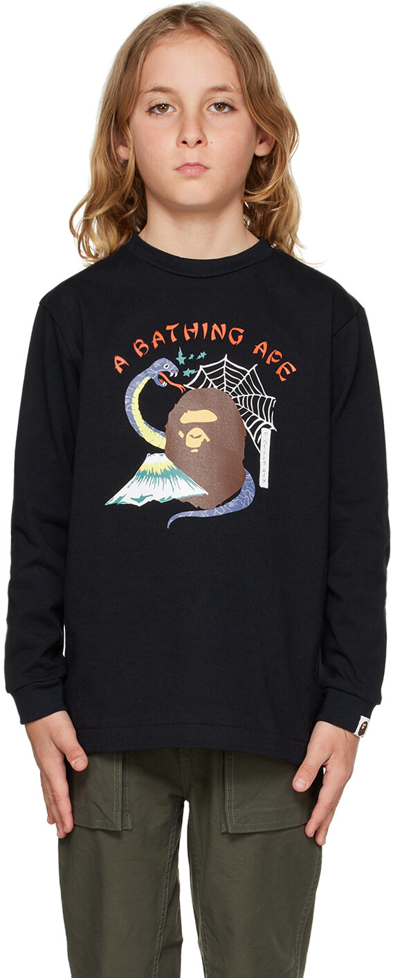 BAPE Kids Черная футболка с длинными рукавами и сувениром из японской культуры с принтом
BAPE Kids Черная футболка с длинными рукавами и сувениром из японской культуры с принтом