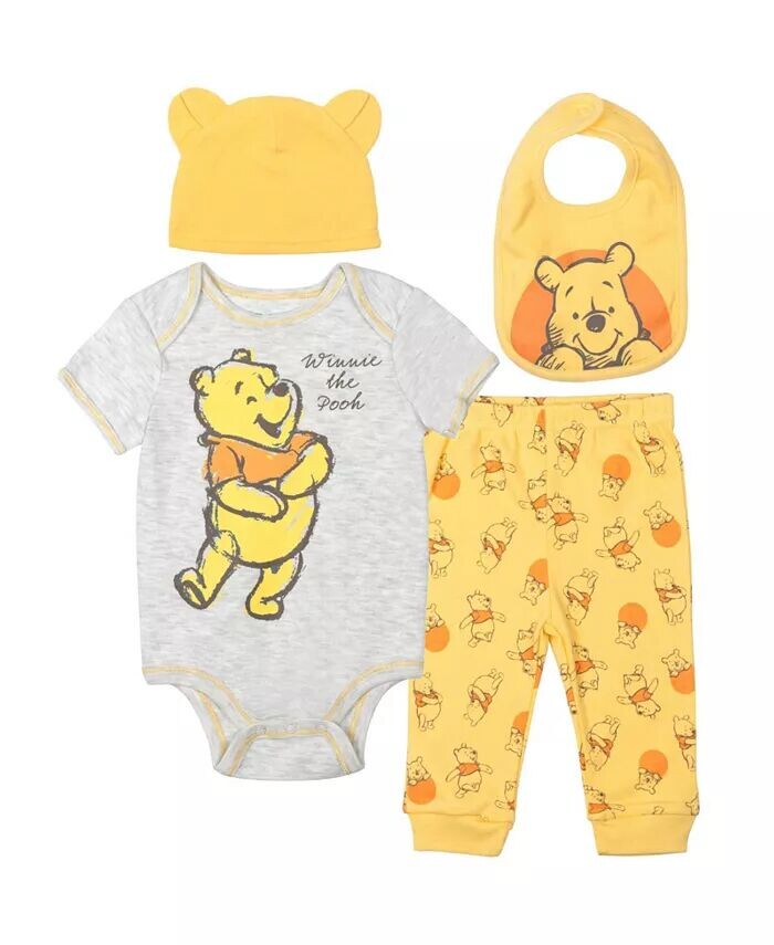 Комплект для малышей Winnie The Pooh: боди, штаны, нагрудник, шапка для маленьких мальчиков Disney, желтый
Комплект для малышей Winnie The Pooh: боди, штаны, нагрудник, шапка для маленьких мальчиков Disney, желтый