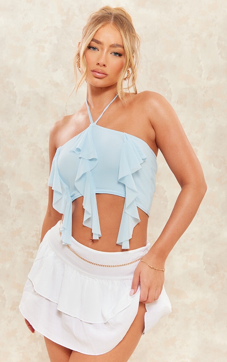 PrettyLittleThing Укороченный топ из сетчатой ткани голубого цвета с воротником-халтер и оборками
PrettyLittleThing Укороченный топ из сетчатой ткани голубого цвета с воротником-халтер и оборками