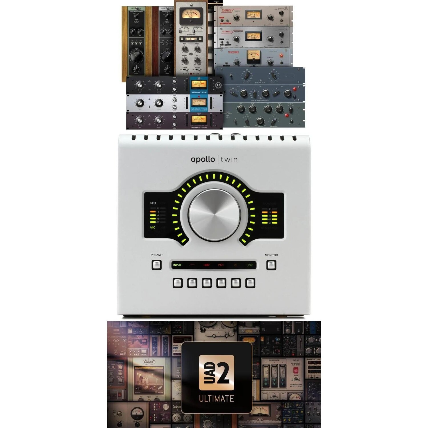 Новый универсальный USB-аудиоинтерфейс Apollo Twin USB DUO Heritage Edition 10x6 с UAD DSP — комплект плагинов Ultimate 11
Новый универсальный USB-аудиоинтерфейс Apollo Twin USB DUO Heritage Edition 10x6 с UAD DSP — комплект плагинов Ultimate 11