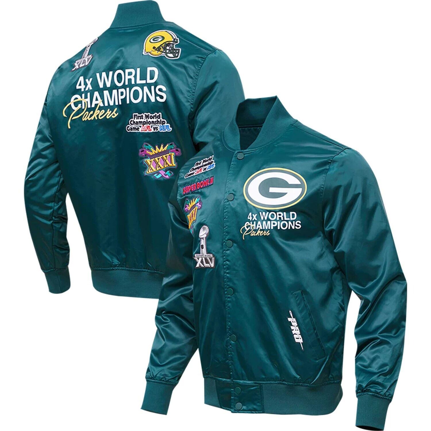Мужская атласная университетская куртка с длинными кнопками Pro Standard Green Green Bay Packers Championship
Мужская атласная университетская куртка с длинными кнопками Pro Standard Green Green Bay Packers Championship