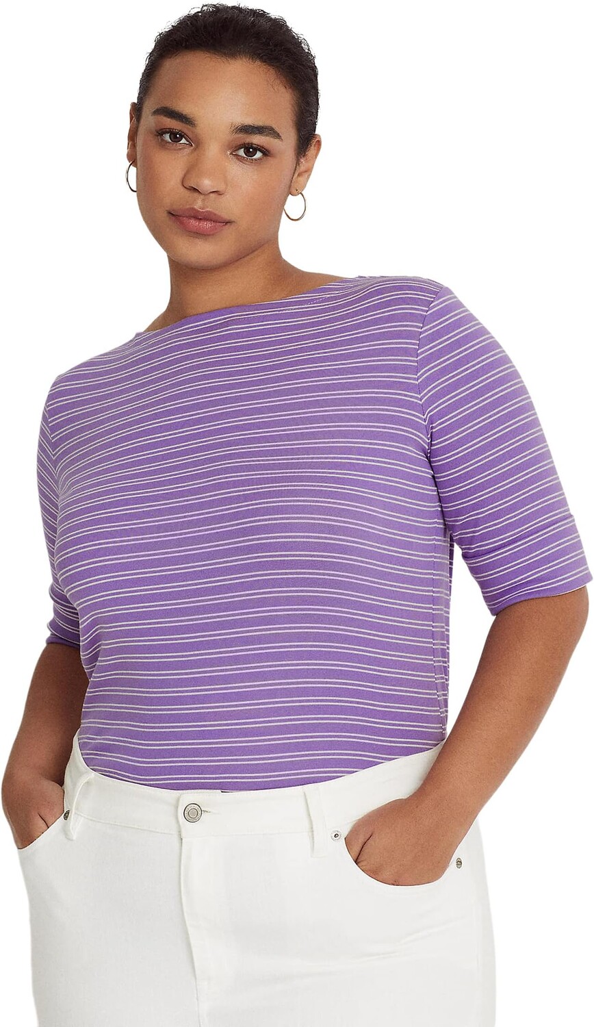 Полосатая хлопковая футболка больших размеров размера плюс LAUREN Ralph Lauren, цвет Wisteria/Natural Cream
Полосатая хлопковая футболка больших размеров размера плюс LAUREN Ralph Lauren, цвет Wisteria/Natural Cream